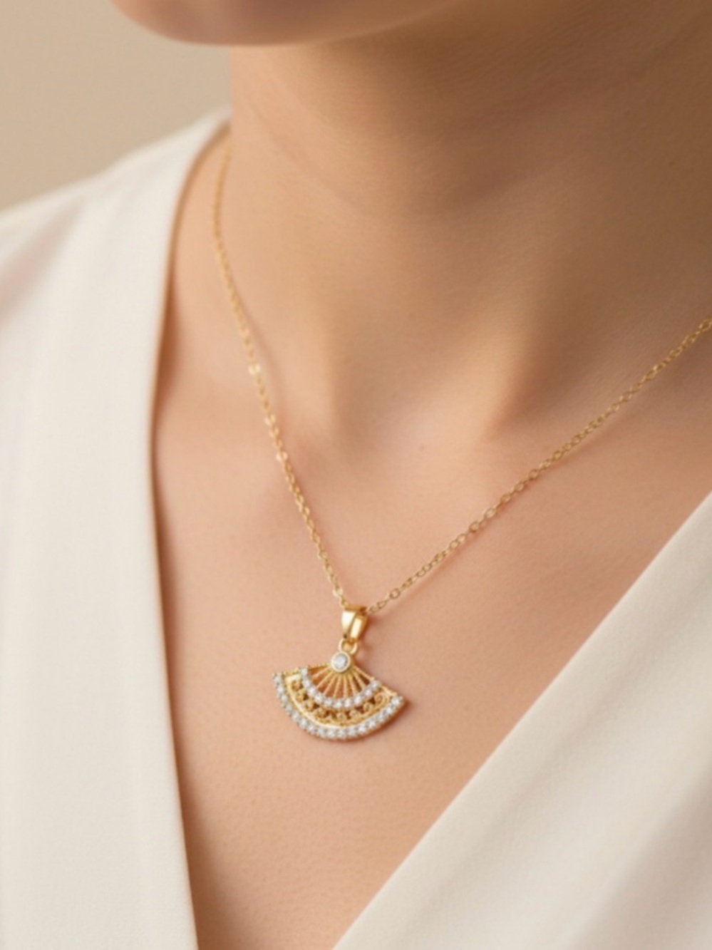 Brand New, Gold Tone Stainless Steel Folding Fan Pendant Necklace 16” + 2”